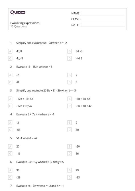 Evaluating Expressions Worksheets For Th Year On Quizizz Free