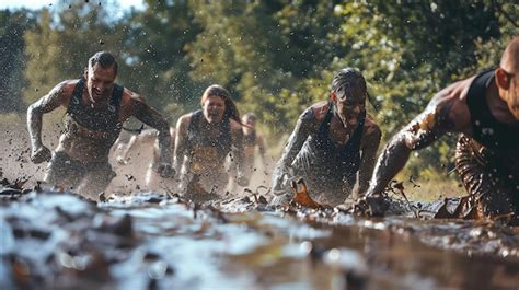 Premium Photo Four Determined Athletes Crawl Through A Muddy Obstacle