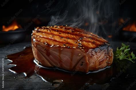 Tuna Steaks Marinated In A Soy And Honey Glaze Grilled And Smoky