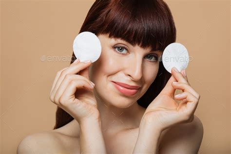 Close Up Portrait Of Nude Positive Red Haired Girl With Shiny Pure