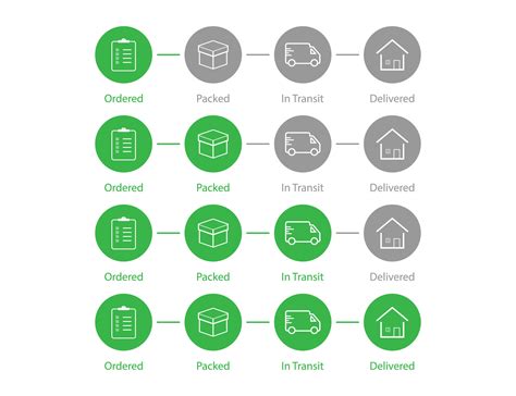 Delivery order status. Shipping process steps in green color. Shipment ...