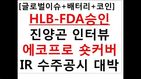 글로벌이슈배터리코인 Hlb Fda승인진양곤 인터뷰에코프로 숏커버ir 수주공시 대박 Youtube