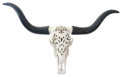 Faux Large Carved Texas Longhorn Skull Wall Decor, Off-White and Black ...