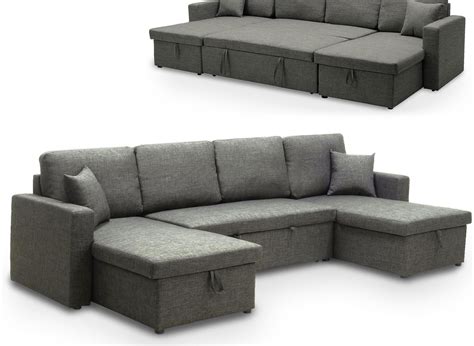 Canape Panoramique Convertible 2 Coffres De Rangement En Tissu Gris Adryen