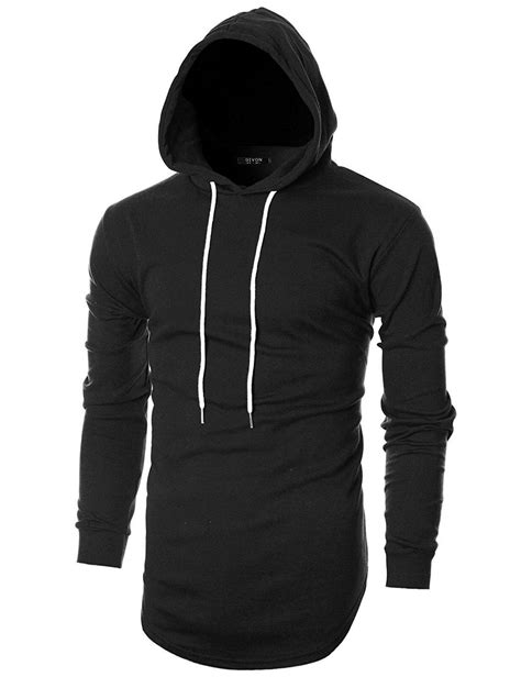 Mens Hipster Simple Longline Lightweight Pullover Long Sleeve Hooded