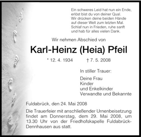 Traueranzeigen Von Karl Heinz Pfeil Trauer Hna De