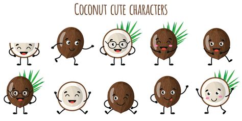 Coconut Fruit Cute Funny Characters With Different Emotions