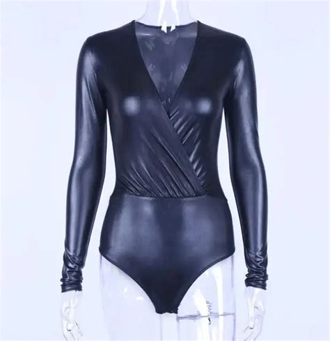 Long Sleeve Deep V Neck Pu Leather Bodysuit Autumn Winter Women