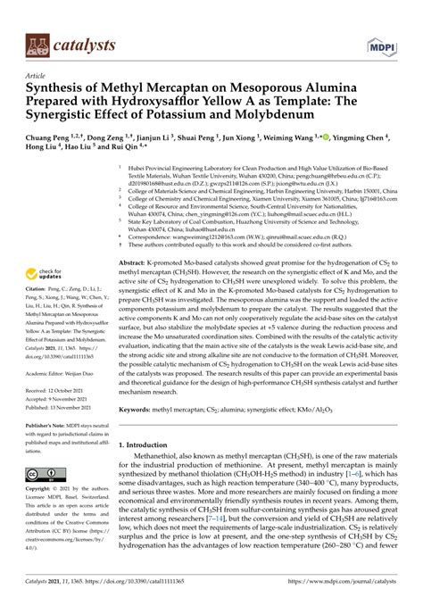 (PDF) Synthesis of Methyl Mercaptan on Mesoporous Alumina Prepared with ...