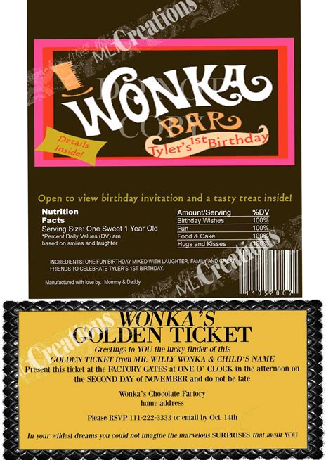 Willy Wonka Golden Ticket Invitation Candy Bar Wrapper Set