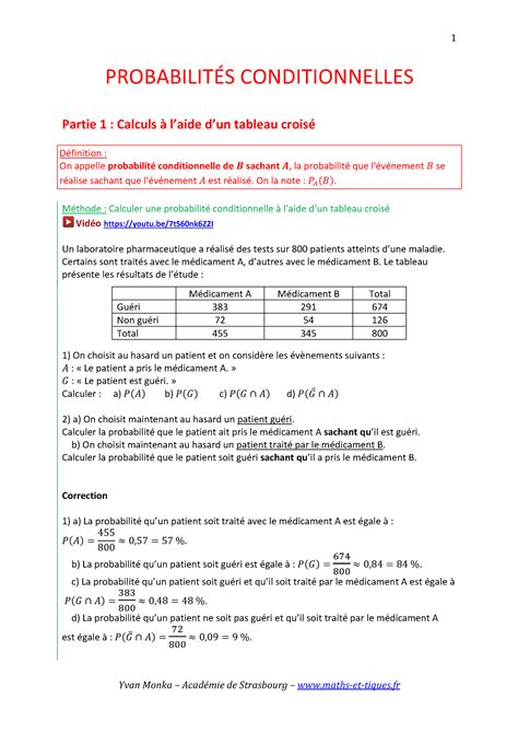 Probabilit S Conditionnels Cours Yvan Monka Acad Mie De