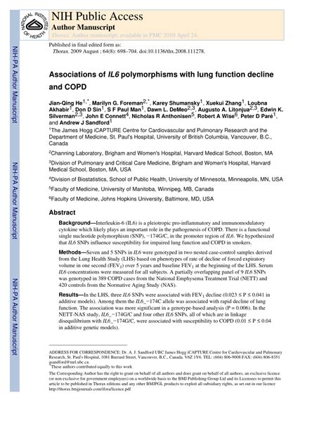 PDF Associations Of IL6 Polymorphisms With Lung Function Decline And COPD