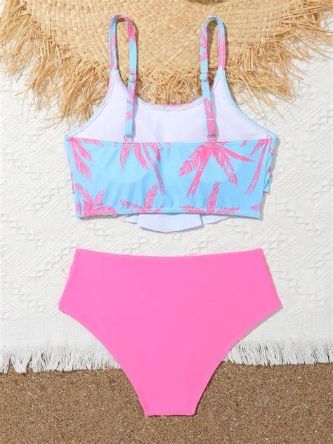 Tween Girl Tropical Print Ruched Bikini Swimsuit Shein Usa