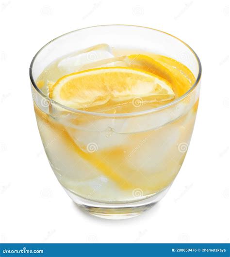 Soda Water With Lemon Slices And Ice Cubes Isolated On White Stock