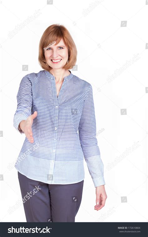 Portrait Attractive Mature Woman Welcome Gesture Stock Photo 172610804