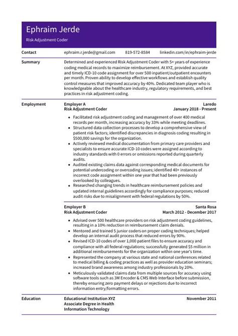 Risk Adjustment Coder Resume CV Example And Writing Guide