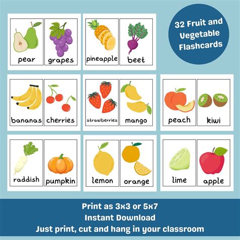 32 Fruit And Vegetable Flashcards Montessori School Tools Pre School