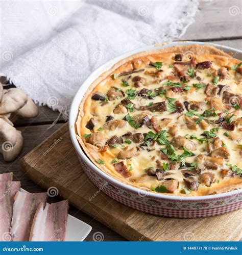 Homemade Quiche Lorraine With Chicken Mushrooms Cheese And Bacon