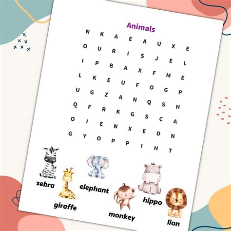 Word Search Puzzles Animal Printable Puzzle Worksheet for Kids and ...