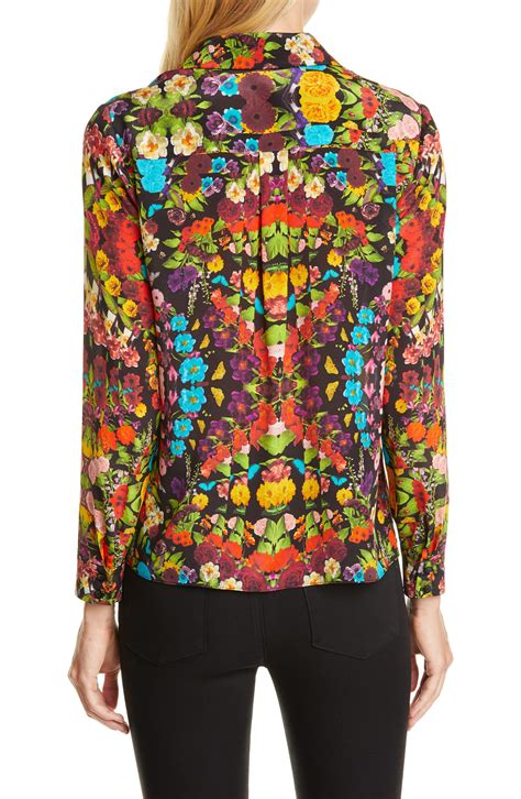 Alice Olivia Willa Floral Pleated Placket Silk Blouse Lyst