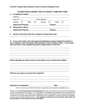 Fillable Online Student Non Academic Code Of Conduct Complaint Form Fax