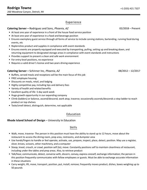 Catering Server Resume Samples Velvet Jobs