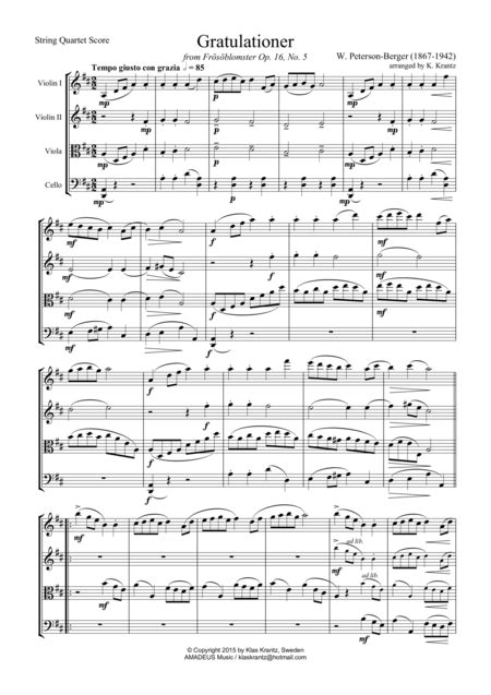 Gratulationer For String Quartet Arr K Krantz Sheet Music W