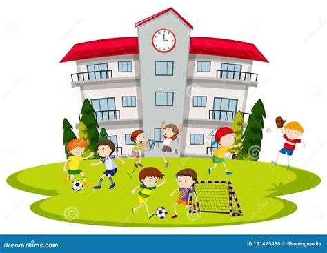 Meninos Que Jogam O Futebol Na Escola Ilustração do Vetor Ilustração