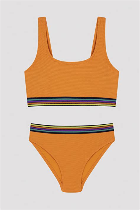 Genç Kız Lastikli Şerit Detaylı Halter Bikini Takımı PLJZKBIQ23IY YW1 Sarı Penti