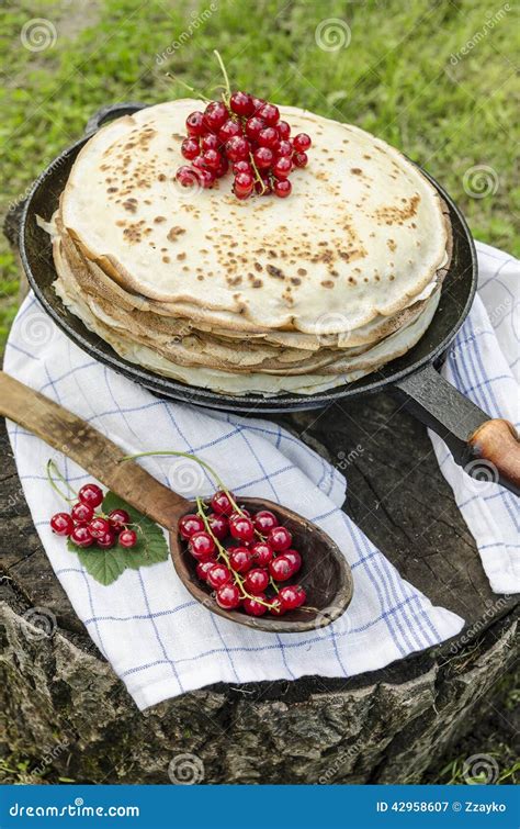 Pancakes With Red Currants On Old Pan Stock Image Image Of Currant