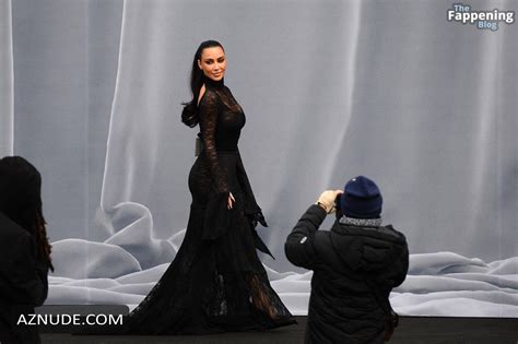 Kim Kardashian Sexy And Nude Flaunt Her Gorgeous Boobs In A Hot See Through Dress At Balenciaga