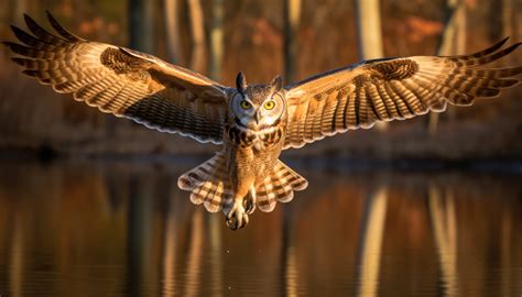 Bird Photos-a great horned owl flying in the fall folliage