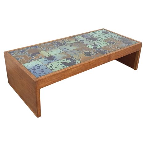 Table basse vintage brutaliste en chêne et céramique des années 60 70