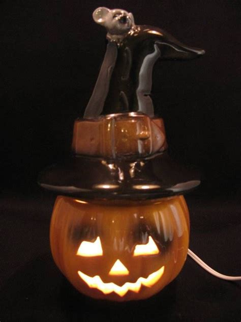 Vtg Ceramic Electric Light Up Jack O Lantern Pumpkin Witch Hat And