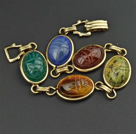 Egyptian Revival Semi Precious Gemstone Scarab Bracelet Boylerpf