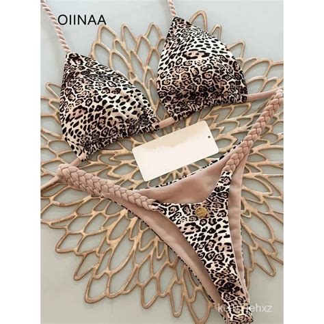 Jual OIINAA Swimwear Women Leopard Printed Sexy Bikini Set Striped Beachwear Summer Swimsuit Two