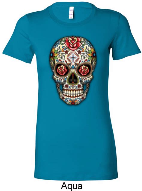 Ladies Skull Shirt Sugar Skull With Roses Longer Length Tee T Shirt