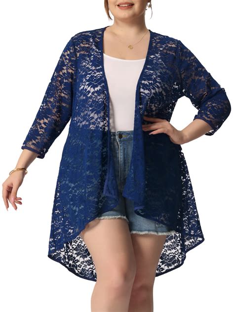 Agnes Orinda Women S Plus Size Lace Floral 3 4 Sleeve Sheer Casual Nylon Cardigans