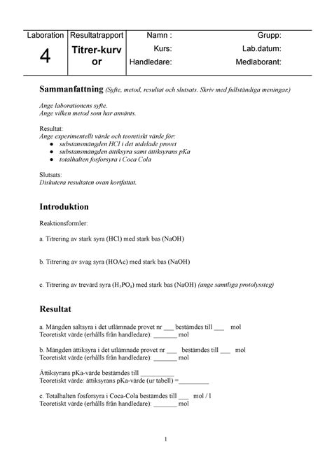 Lab Resultatrapport Ht Laboration Resultatrapport Titrer Kurv