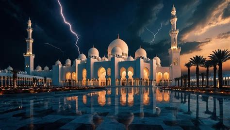 Premium Photo | Grand mosque in abu dhabi at night panoramic mosque