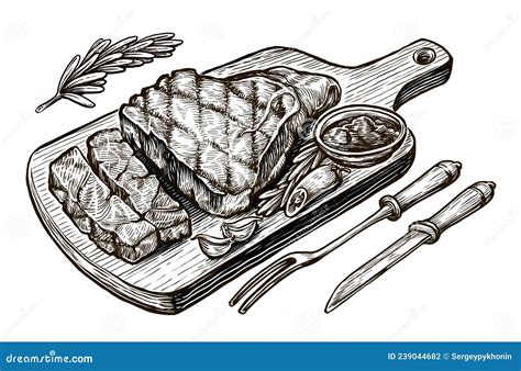 Steak Bbq Drawing Meat Hand Drawn Illustration Stock Illustration