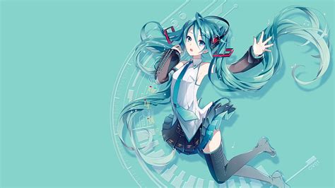 無料ダウンロード アニメの女の子、 アニメ、 初音ミク、 ボーカロイド、 長い髪、 シアン、 シアンの背景、 Hdデスクトップの壁紙