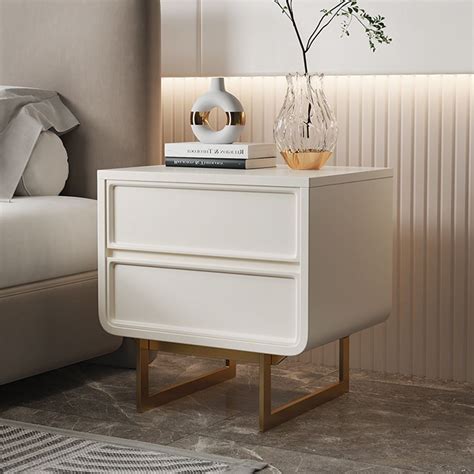 Modern White Nightstand Drawer Bedside Table Beige End Table With