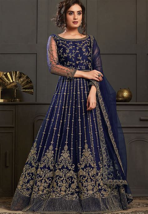 Navy Blue Net Embroidered Long Anarkali Suit 4591