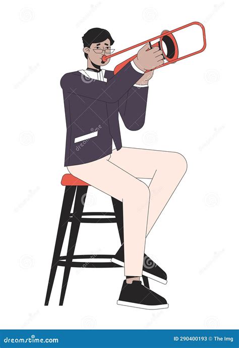 Jazz Trombone Player Line Cartoon Flat Illustration Stock Illustration