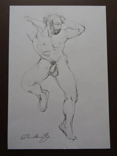 Expressive Pencil Sketch Drawing Of A Male Nude Front View Of A Seated