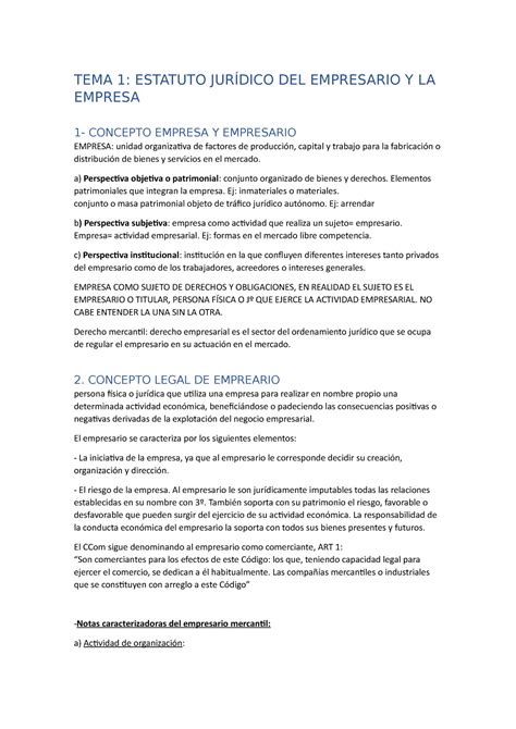 TEMA 1 Derecho Mercantil I ADE TEMA 1 ESTATUTO JURÍDICO DEL