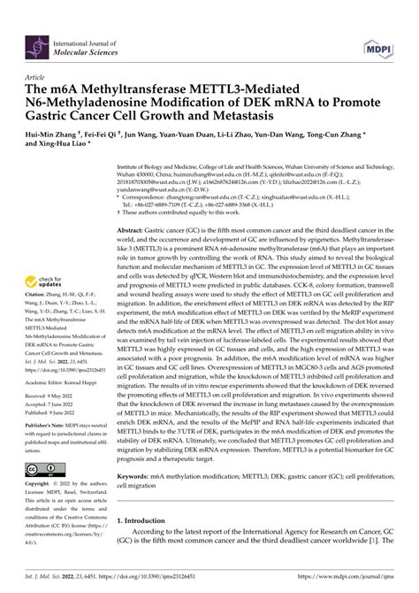 Pdf The M A Methyltransferase Mettl Mediated N Methyladenosine