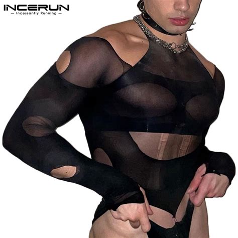 INCERUN Men S Sexy Transparente Manga Longa Oca Slim Fit Preto Conjunto