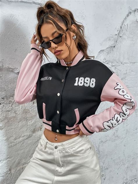 Letter Embroidered Colourblock Drop Shoulder Varsity Jacket Shein Uk